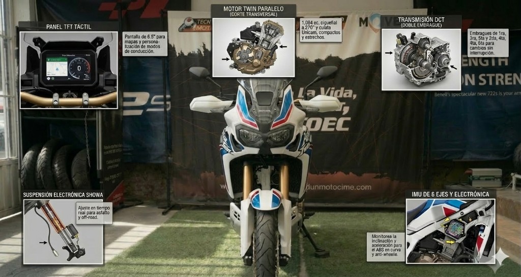 Honda Africa Twin 1100 - Partes frontales etiquetadas: TFT, motor, DCT, suspensión e IMU