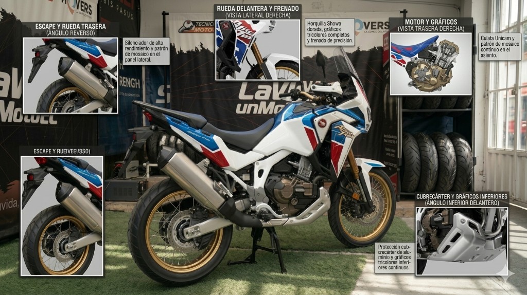 Honda Africa Twin 1100 - Partes laterales etiquetadas: escape, frenos, motor y cubre cárter